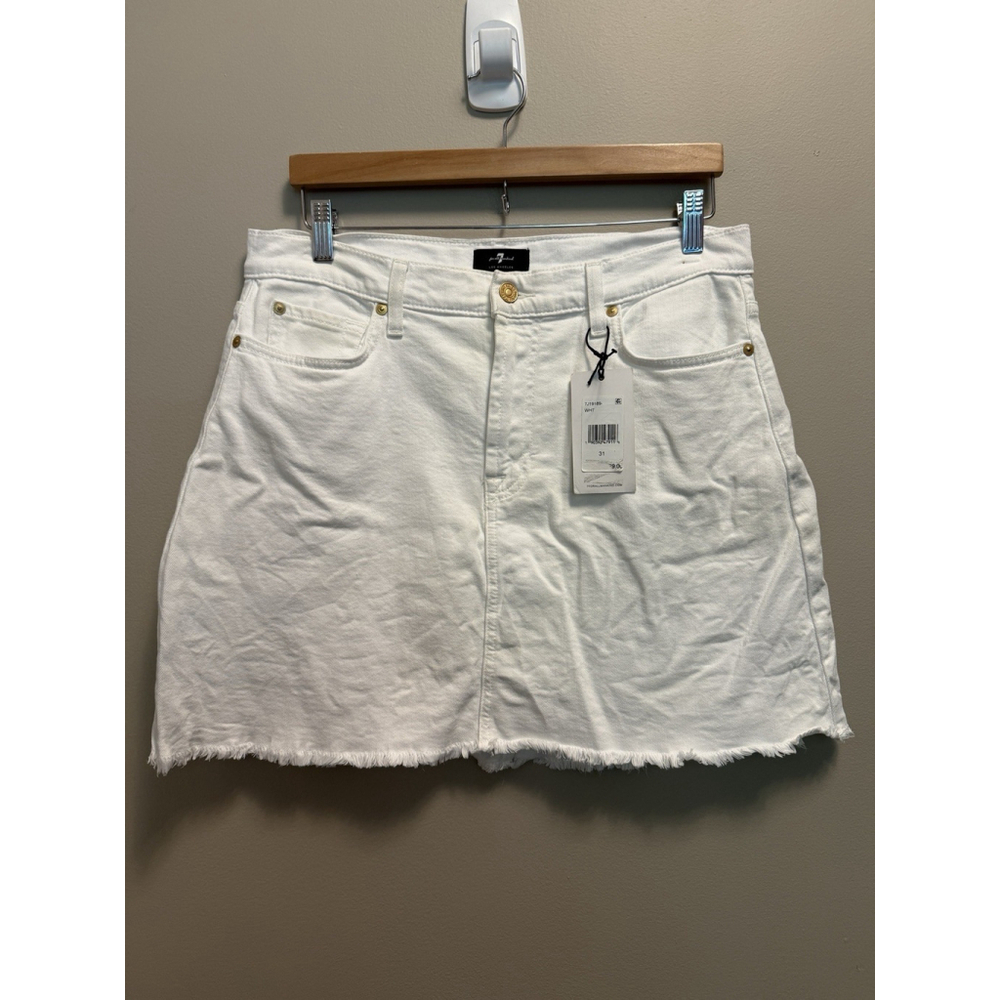 7 For All Mankind Skirt White Denim Mini Raw Hem Edge Size 31 NWT Flaw‎ Read